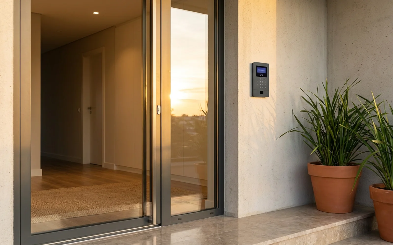 An apartment entrance with a keypad beside the glass door