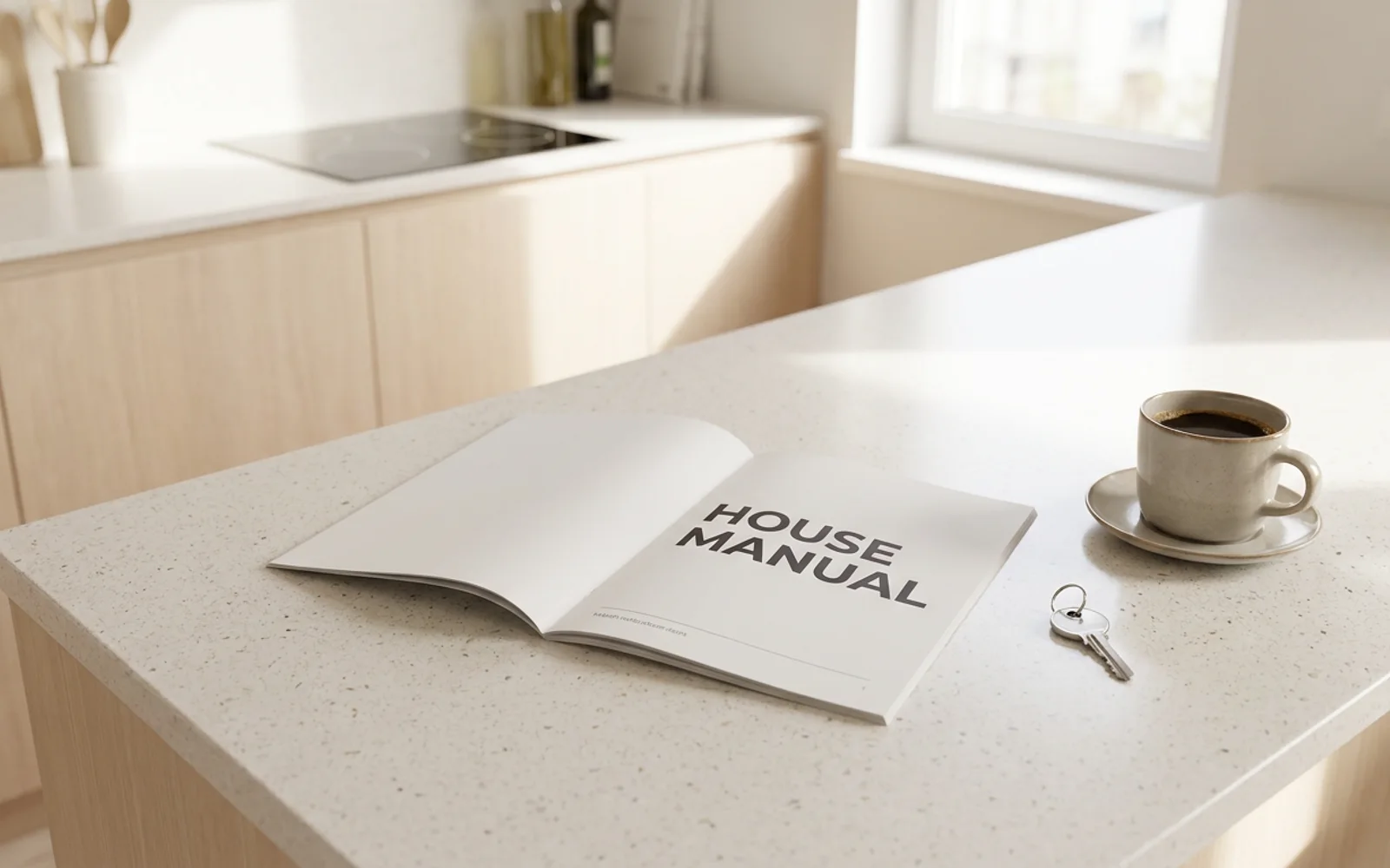 A printed house manual open on a kitchen counter