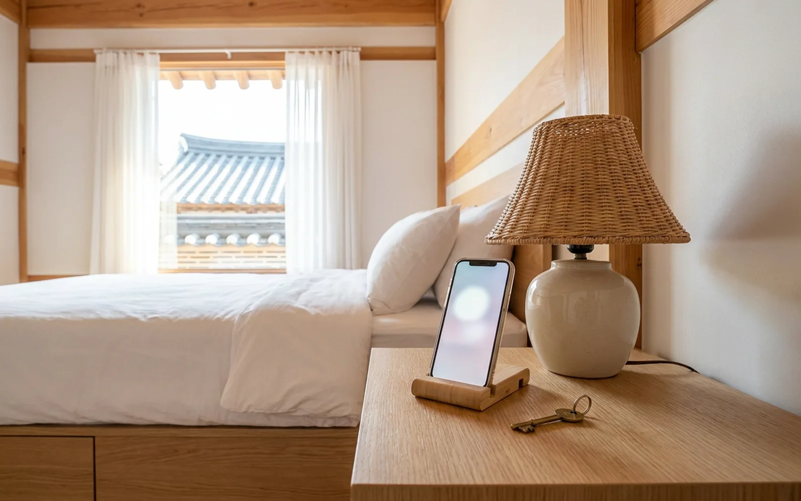 A phone on a bedside table showing a guest page