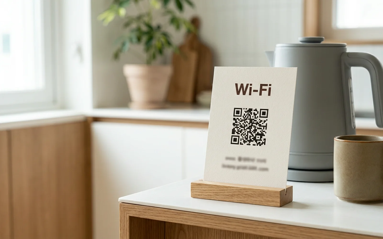A printed Wi-Fi QR card standing on a kitchen counter